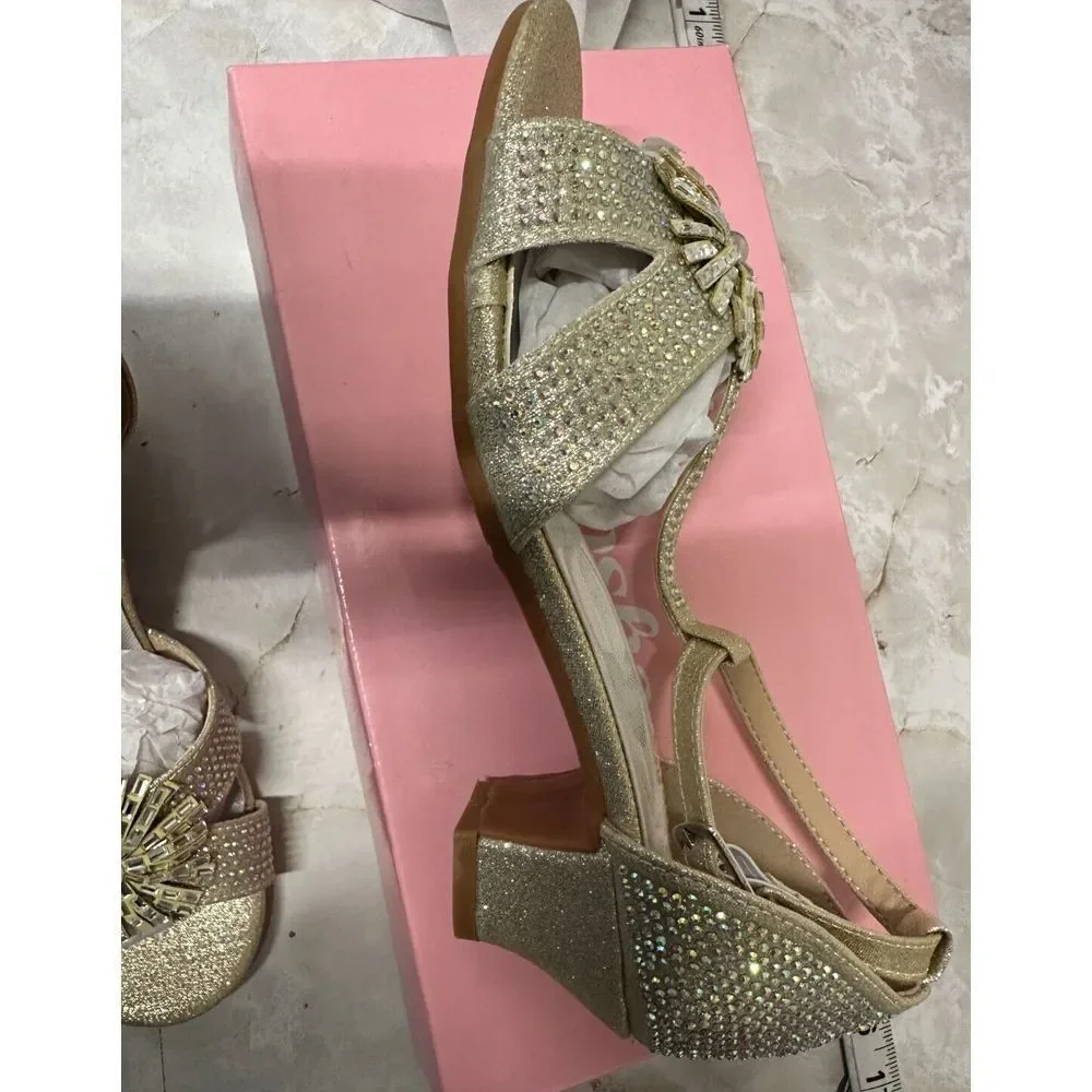 K Crosha  Big Girl's Mid Hell‎ Sandal Rhinestone Gold 4MT New !